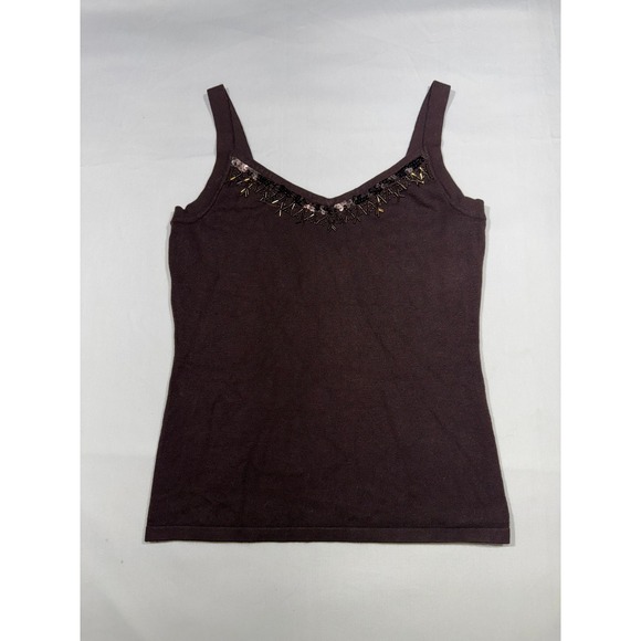 Cache Tops - Cache Y2K Brown Knit Sequin Beaded V-Neck Cami Tank Top Small